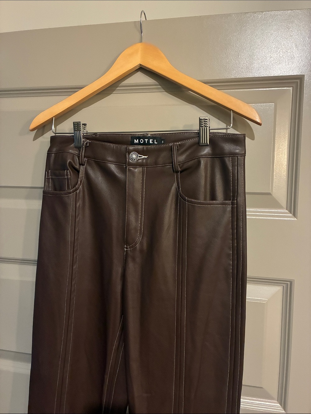 Motel Rocks Brown Faux Leather Straight-Leg Pants
